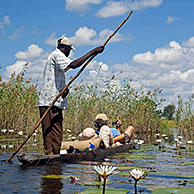 Toeristen reizen in traditionele houten cano, mokoro / makoro in de Okavangodelta, Botswana, Afrika 

